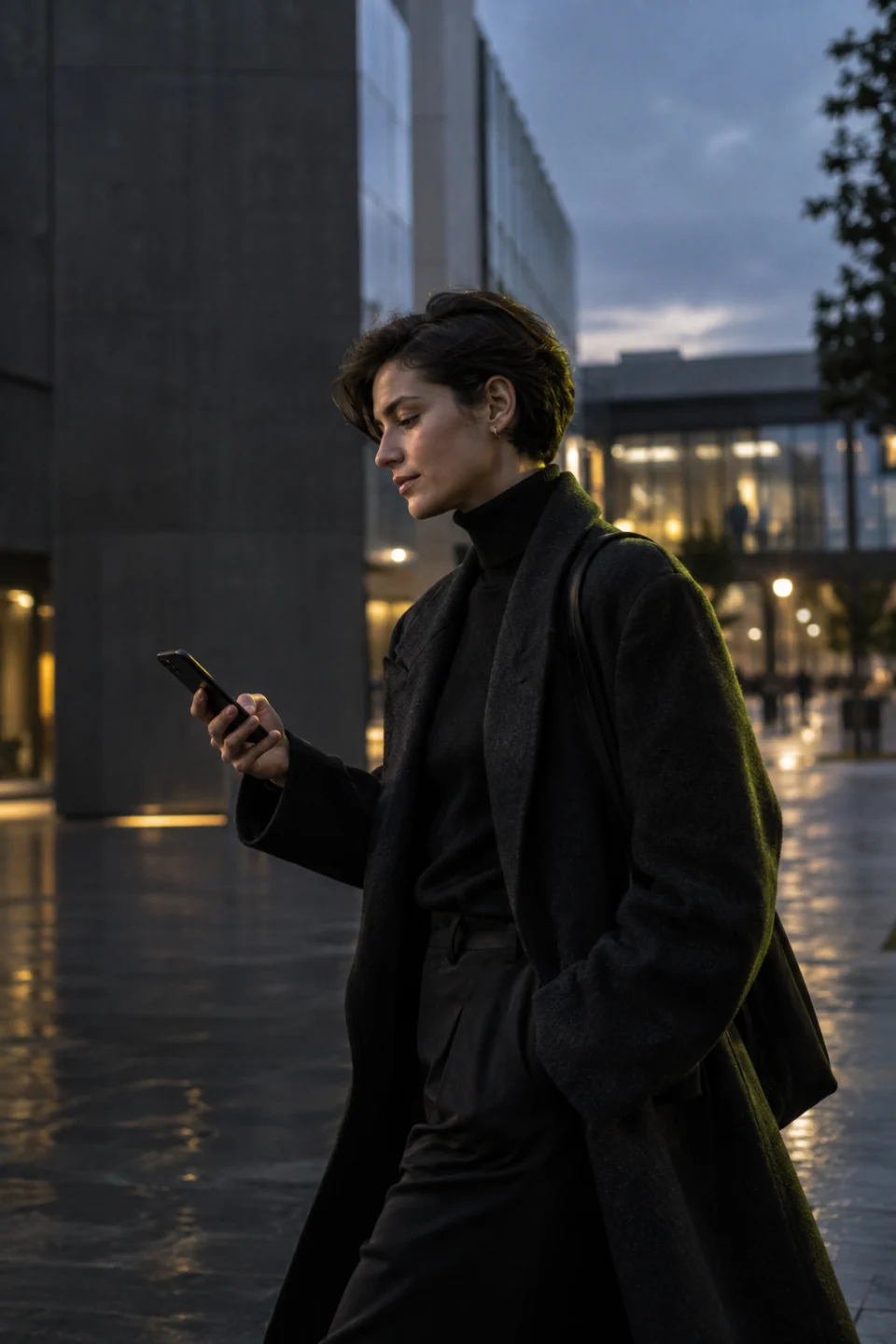 A young professional checking their phone while walking through the city